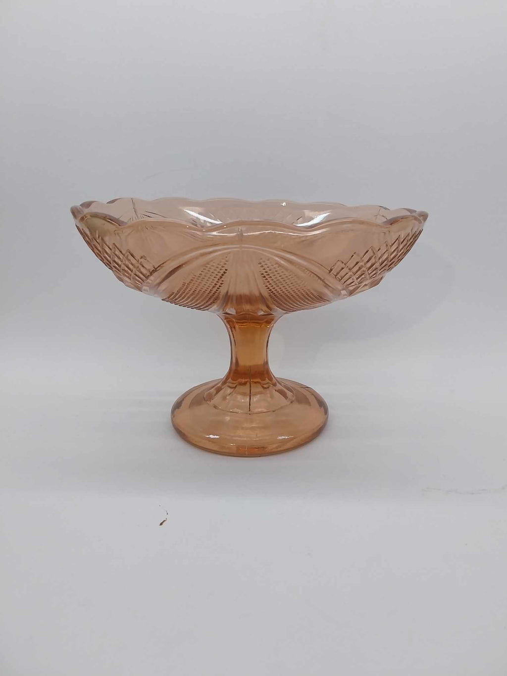 Vintage Pressed Glass Fruit Bowl — Peach Pink with Diamond Pattern