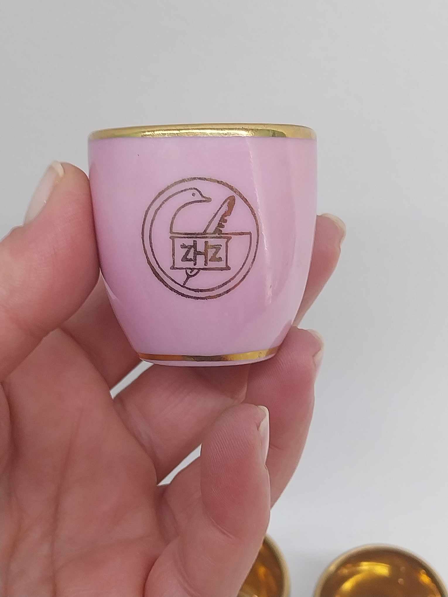 Set of 5 Vintage Pink & White Porcelain Liqueur Cups – Gold Interior, ZHZ Logo, JSK Mark