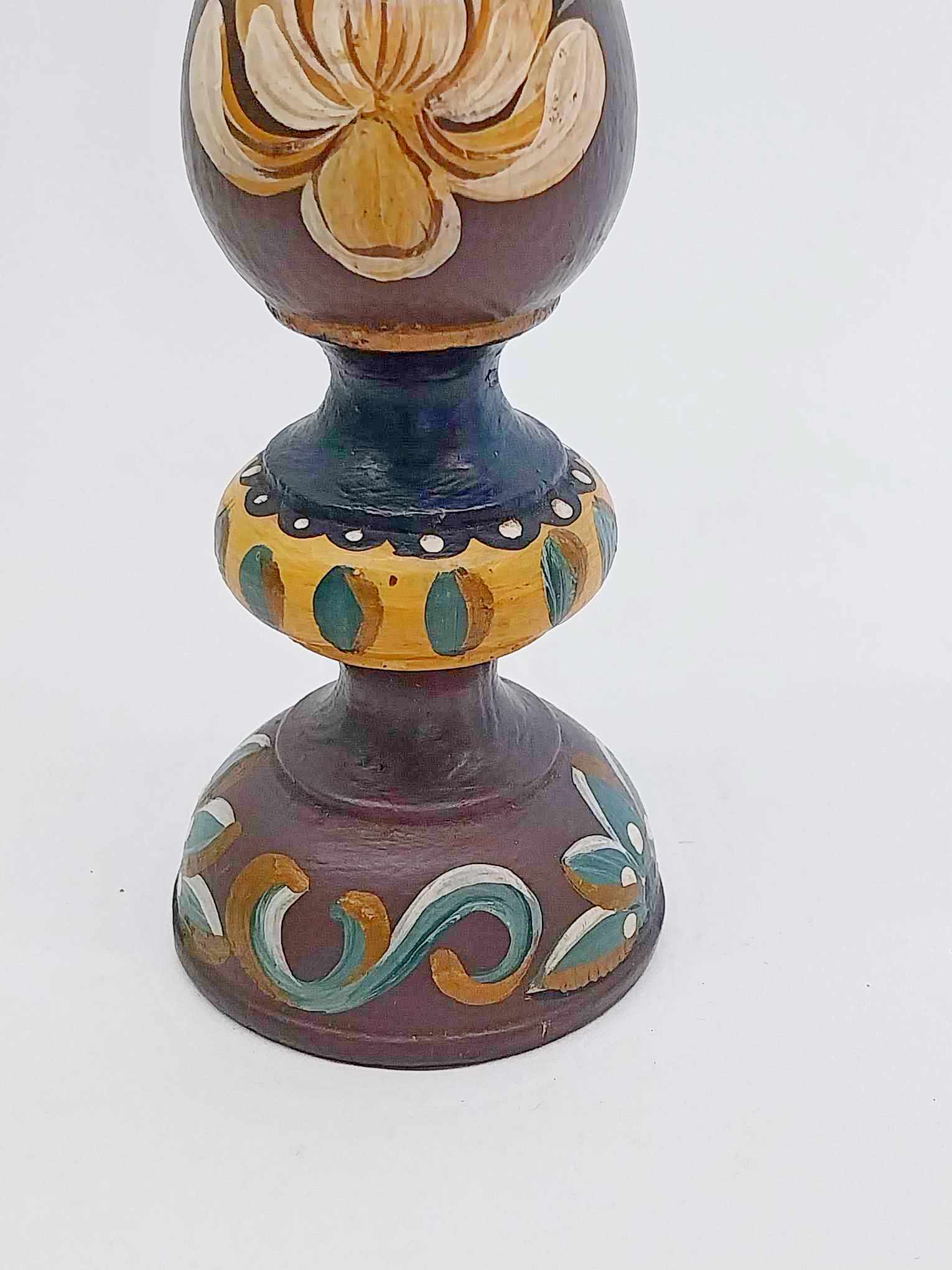 Vintage Hand-Painted Wooden Candlestick – German Folk Art