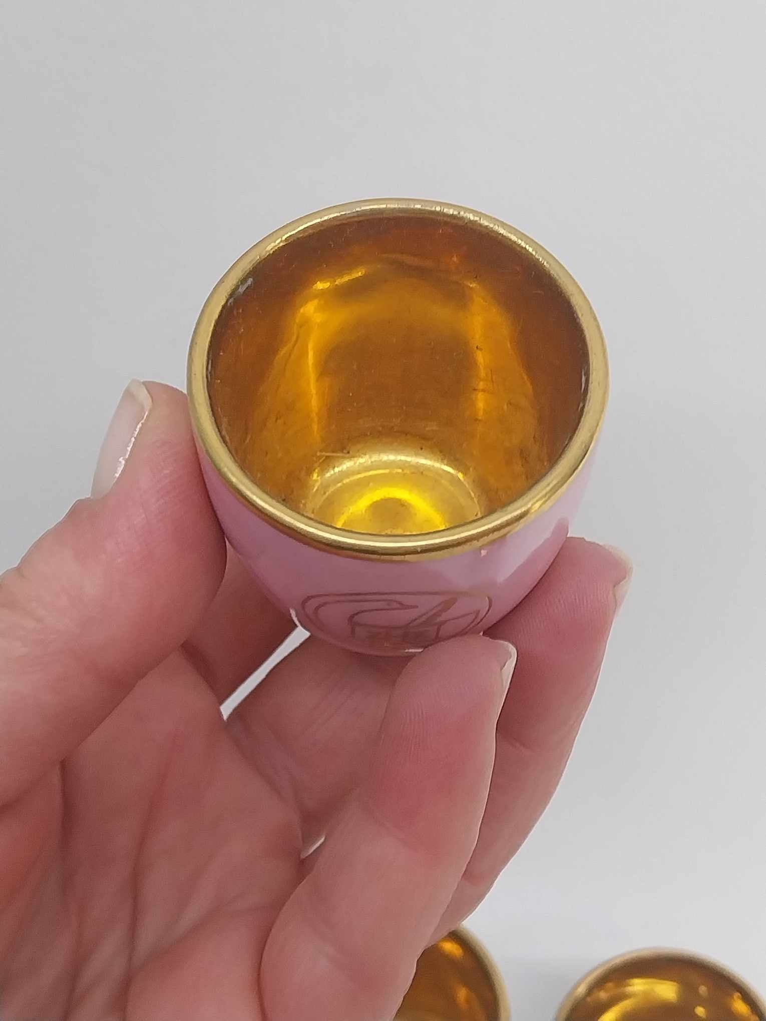 Set of 5 Vintage Pink & White Porcelain Liqueur Cups – Gold Interior, ZHZ Logo, JSK Mark
