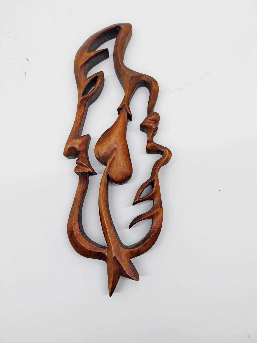 Vintage Hand-Carved Wooden Sculpture – Two Faces & Heart
