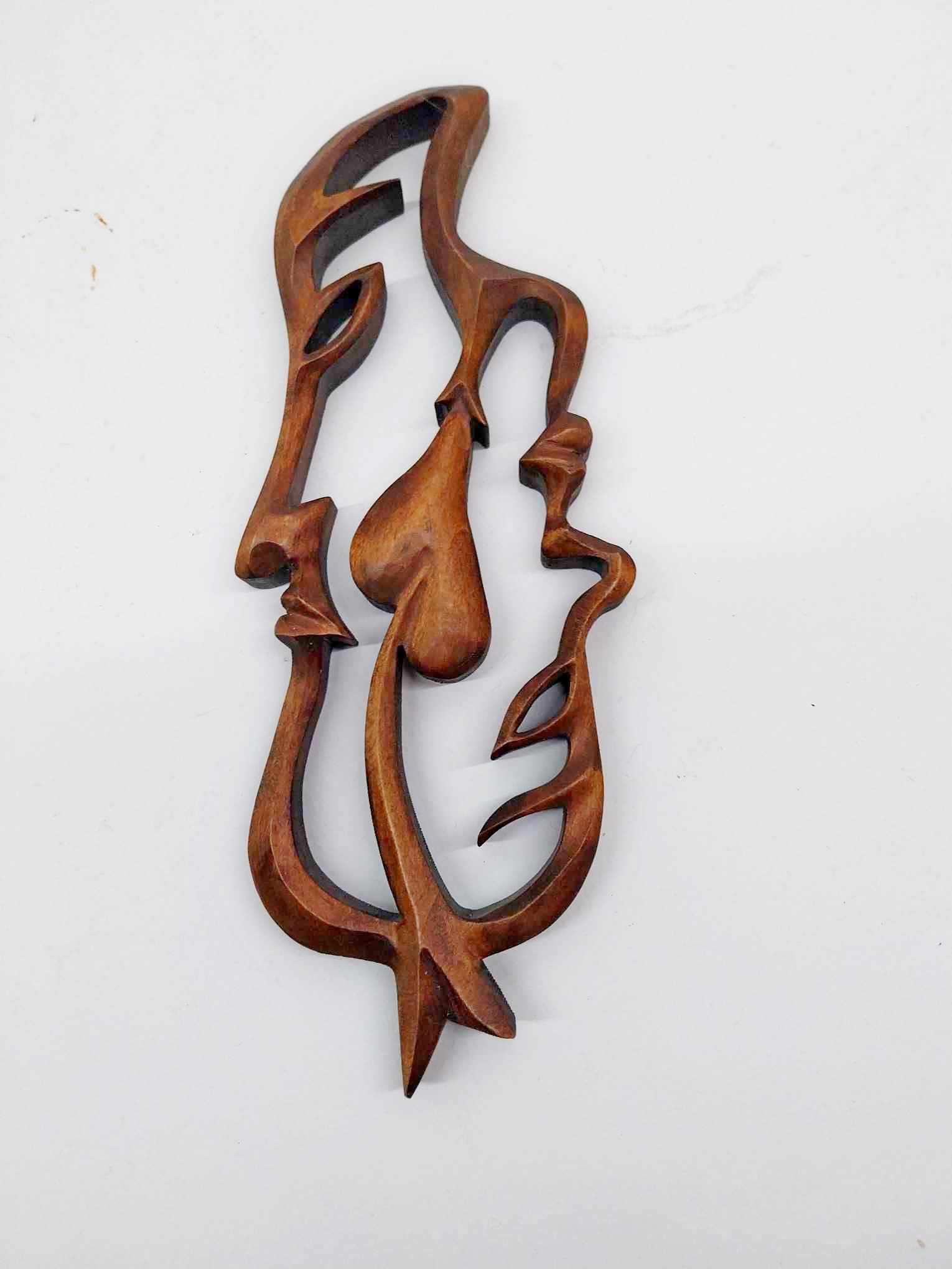 Vintage Hand-Carved Wooden Sculpture – Two Faces & Heart