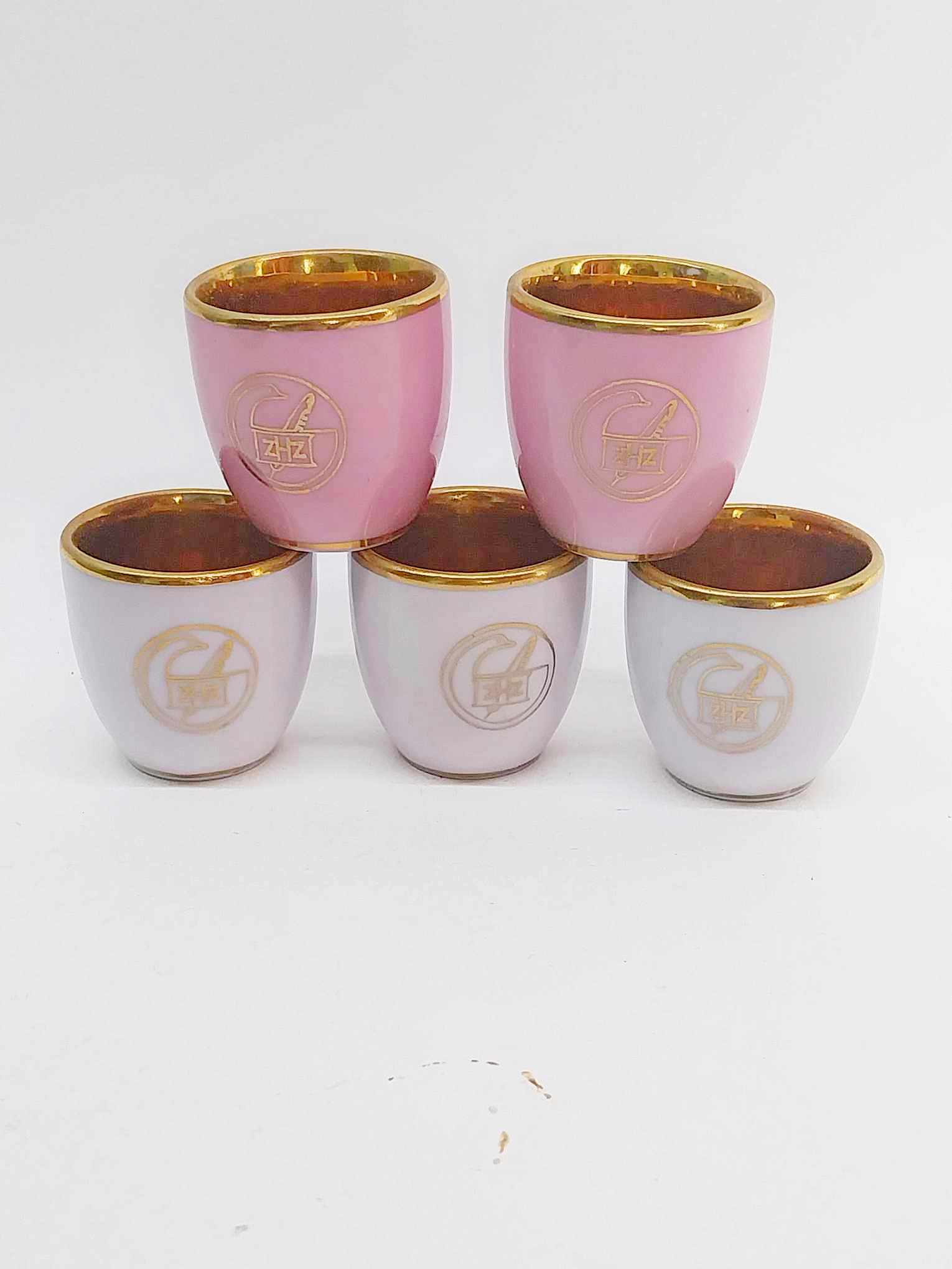 Set of 5 Vintage Pink & White Porcelain Liqueur Cups – Gold Interior, ZHZ Logo, JSK Mark