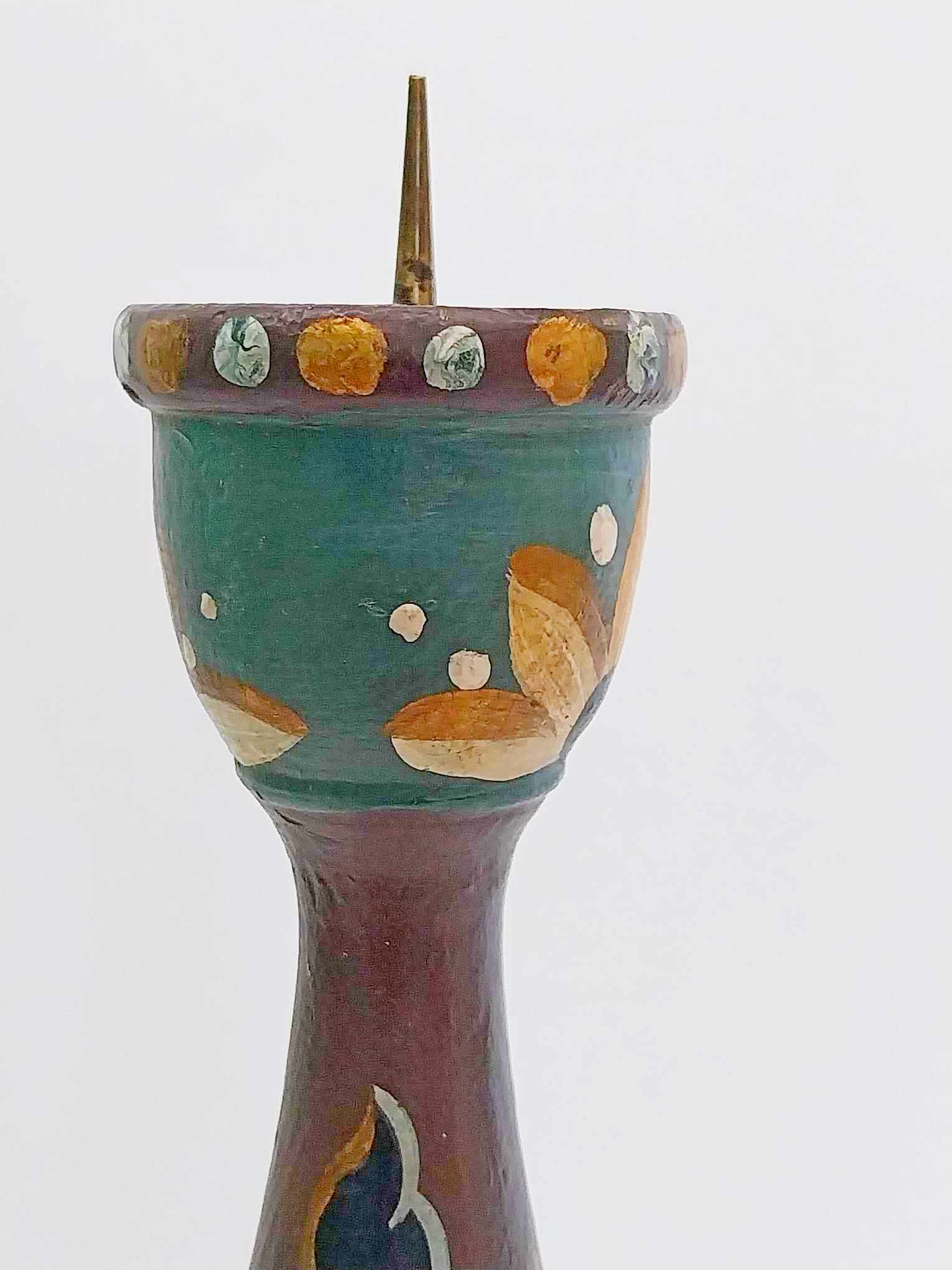 Vintage Hand-Painted Wooden Candlestick – German Folk Art