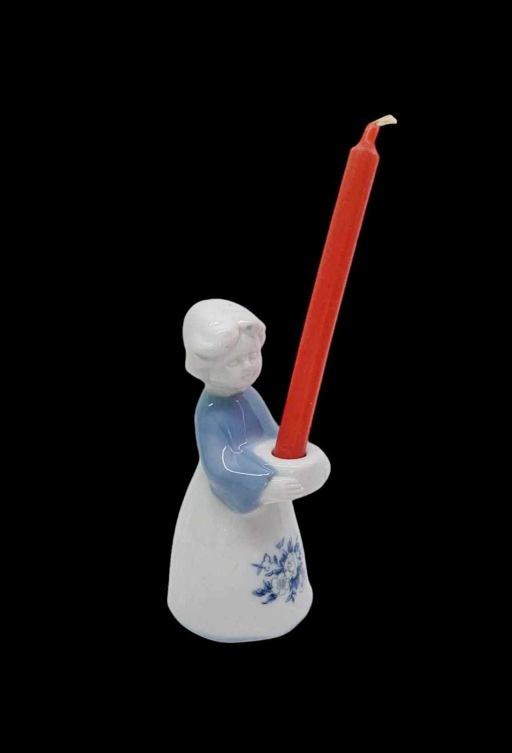 Vintage Porcelain Woman Figurine Candle Holder – Blue & White Floral