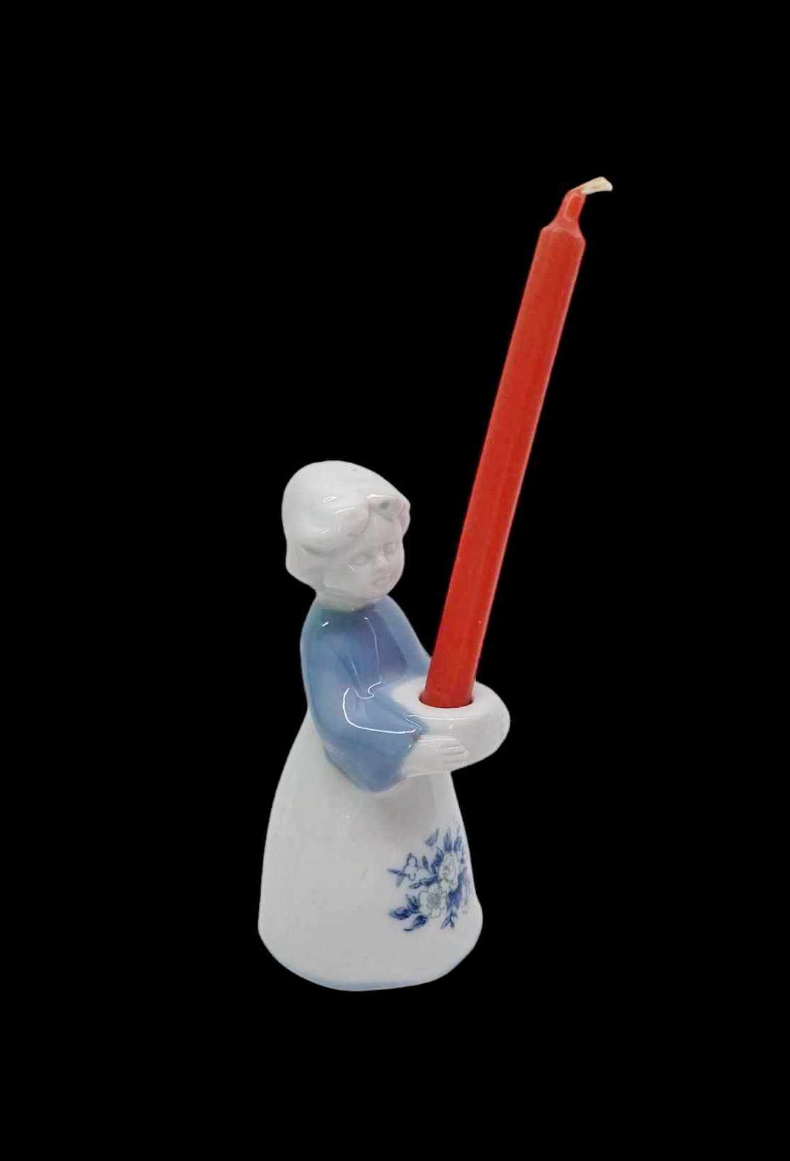 Vintage Porcelain Woman Figurine Candle Holder – Blue & White Floral