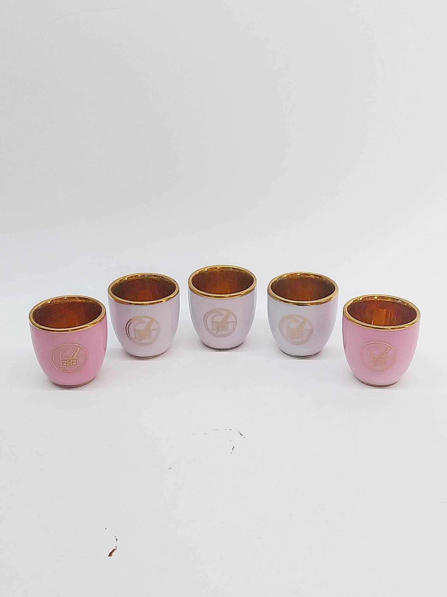 Set of 5 Vintage Pink & White Porcelain Liqueur Cups – Gold Interior, ZHZ Logo, JSK Mark