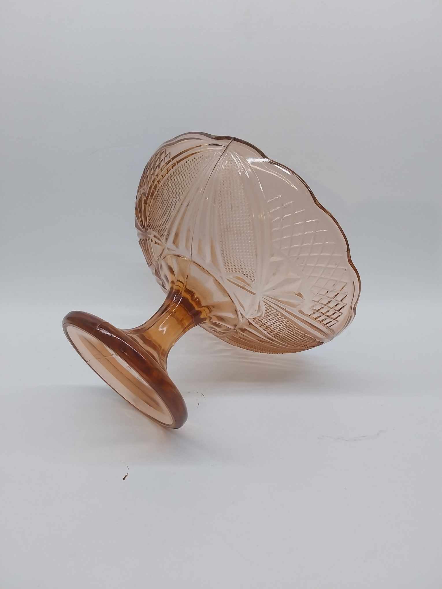 Vintage Pressed Glass Fruit Bowl — Peach Pink with Diamond Pattern