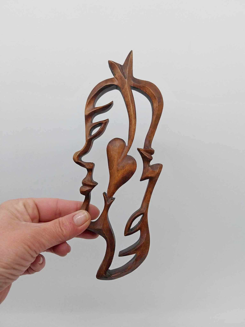 Vintage Hand-Carved Wooden Sculpture – Two Faces & Heart