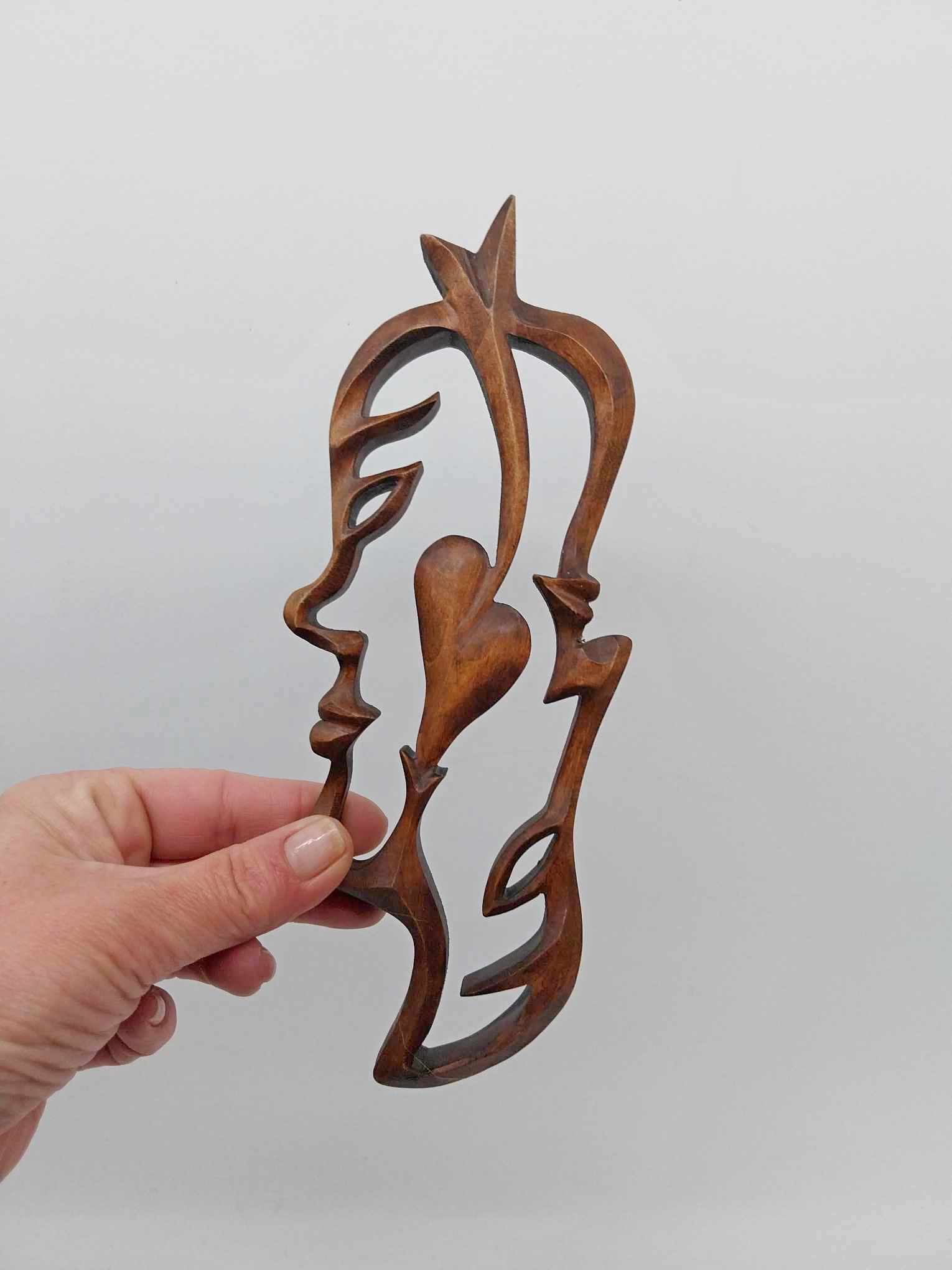 Vintage Hand-Carved Wooden Sculpture – Two Faces & Heart