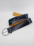 Vintage Black Patent Leather Belt – Twisted Oval Buckle & Silver Studs
