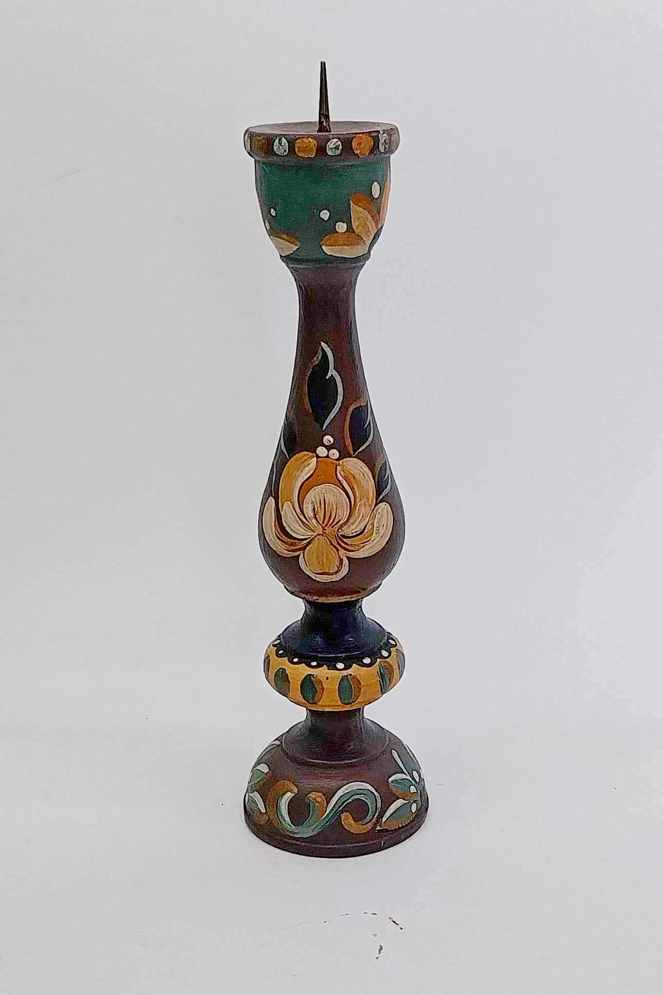 Vintage hand-painted wooden candlestick with folk art floral decoration