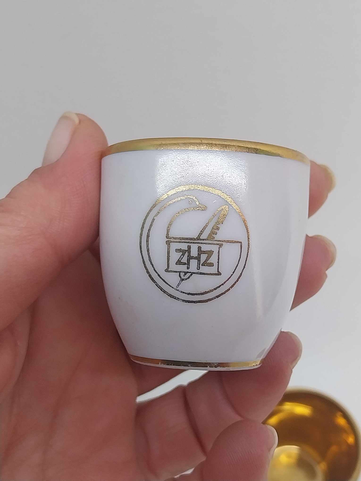 Set of 5 Vintage Pink & White Porcelain Liqueur Cups – Gold Interior, ZHZ Logo, JSK Mark