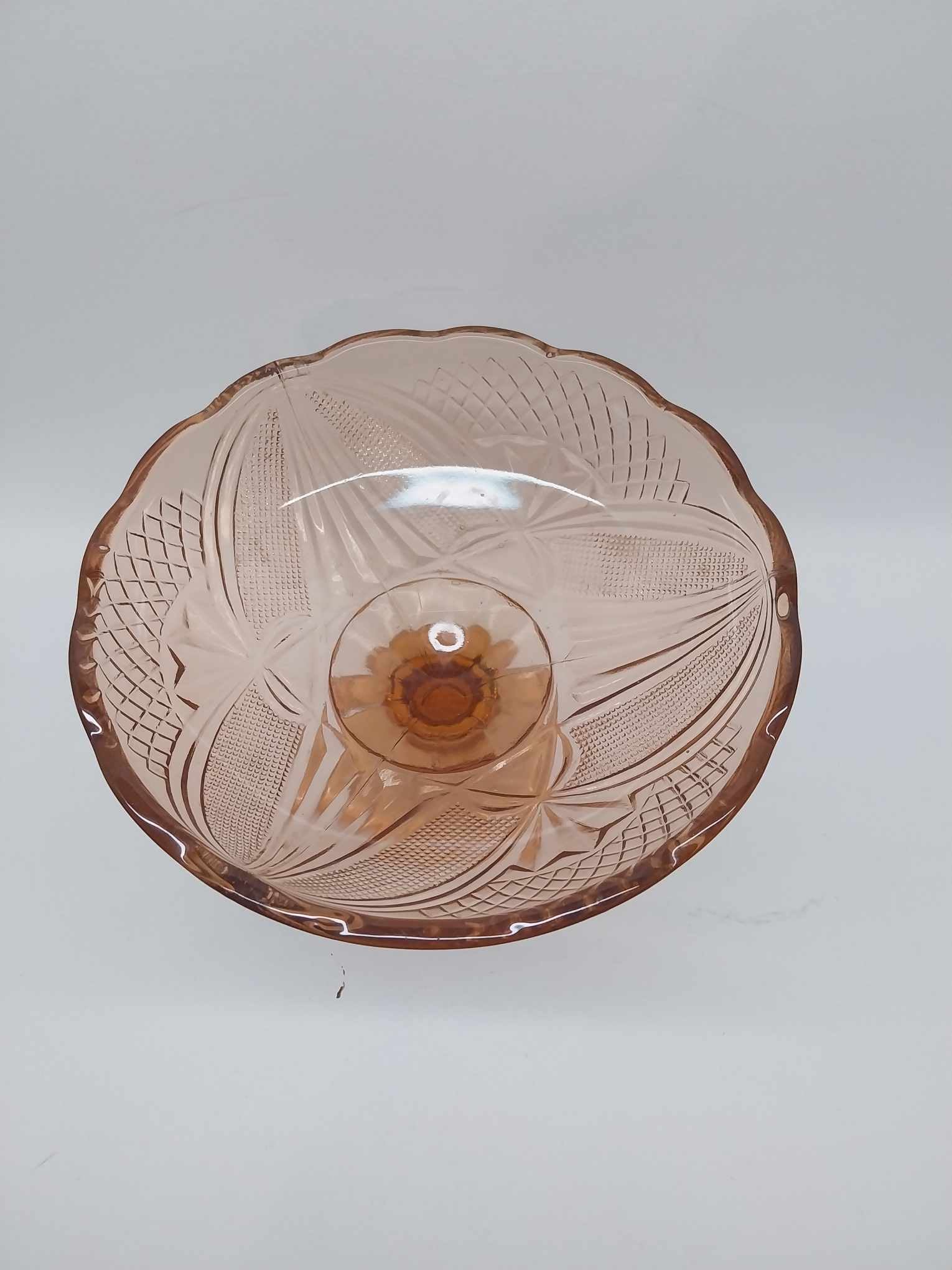 Vintage Pressed Glass Fruit Bowl — Peach Pink with Diamond Pattern