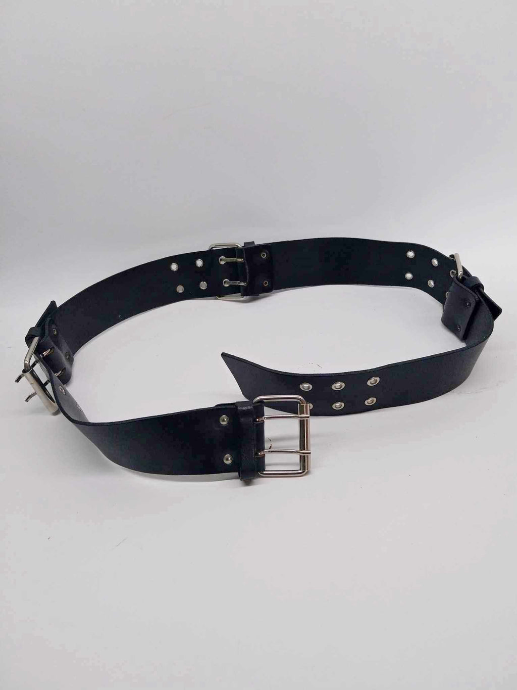 Vintage Black Leather Belt with 4 Double Buckles & Eyelets