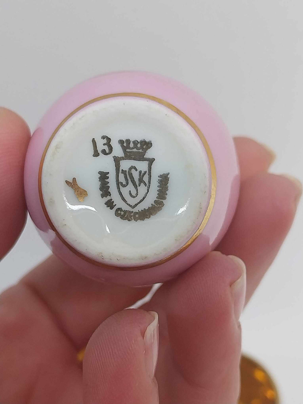 Set of 5 Vintage Pink & White Porcelain Liqueur Cups – Gold Interior, ZHZ Logo, JSK Mark