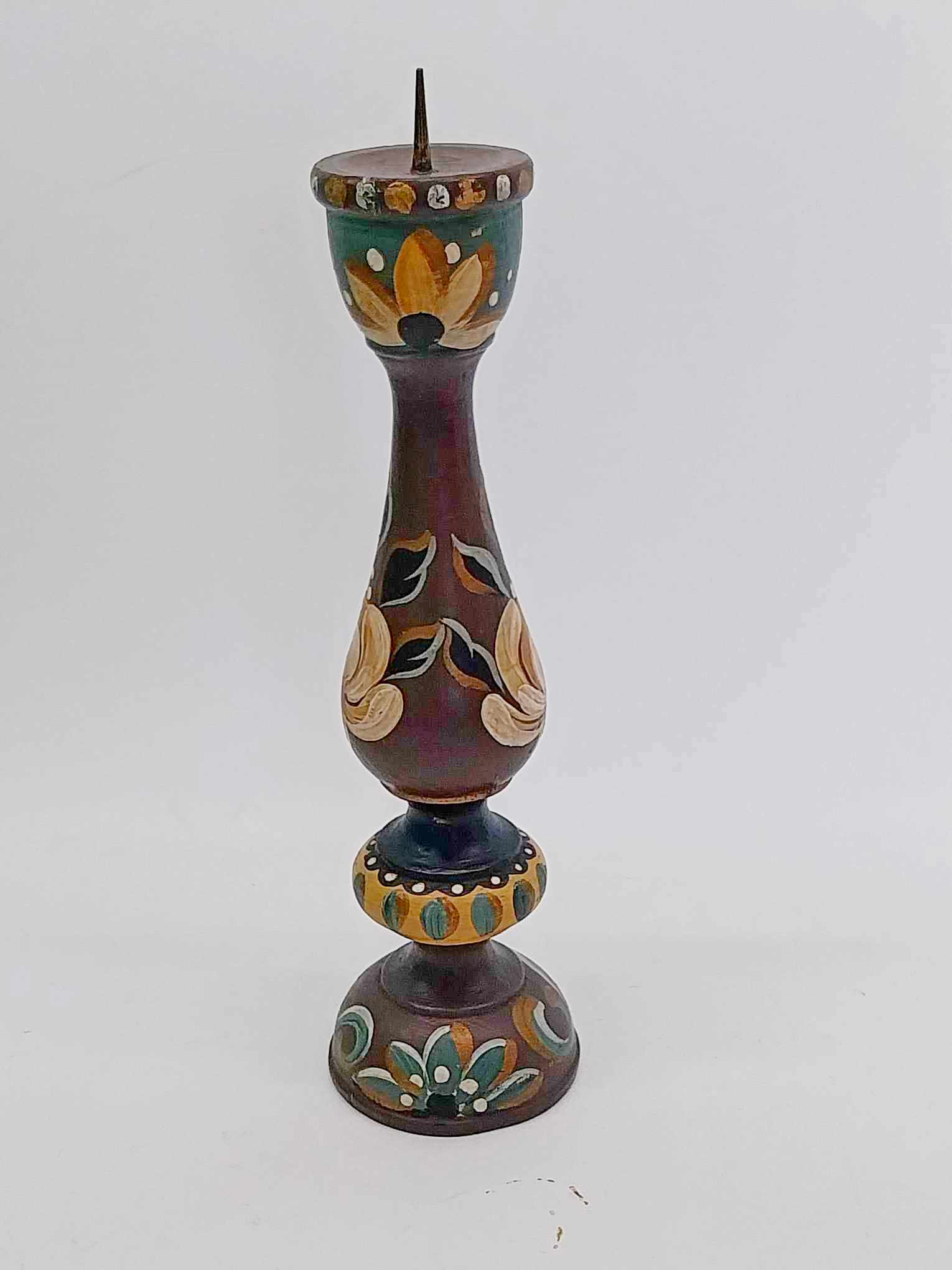 Vintage Hand-Painted Wooden Candlestick – German Folk Art