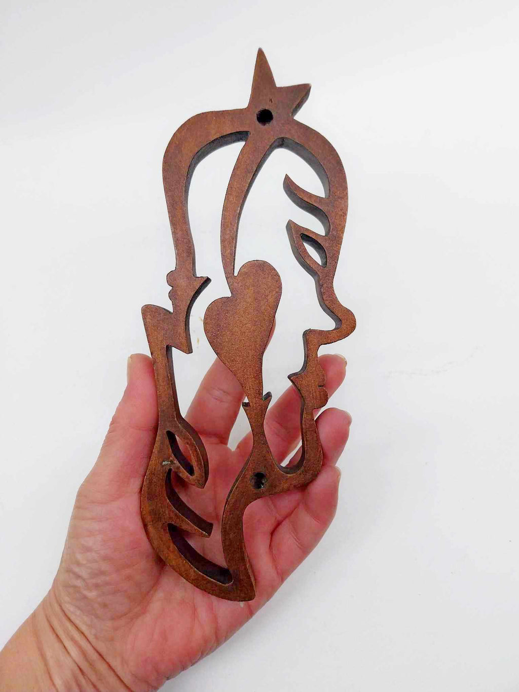 Vintage Hand-Carved Wooden Sculpture – Two Faces & Heart
