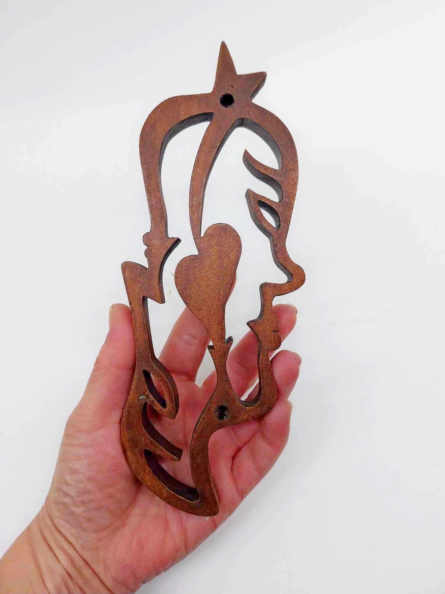 Vintage Hand-Carved Wooden Sculpture – Two Faces & Heart