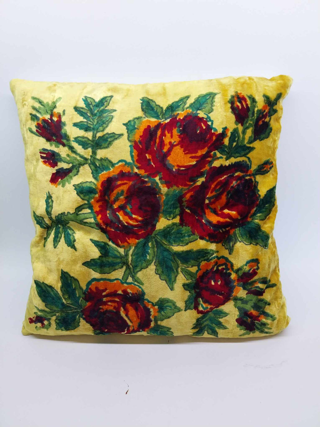 Vintage Russian velvet cushion cover with hand-painted roses on golden yellow background