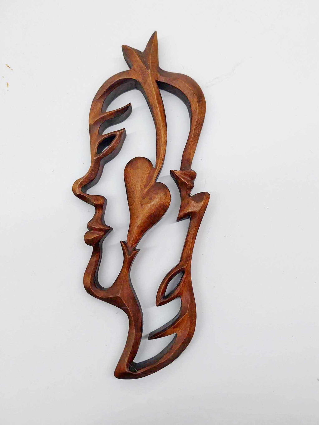 Vintage Hand-Carved Wooden Sculpture – Two Faces & Heart
