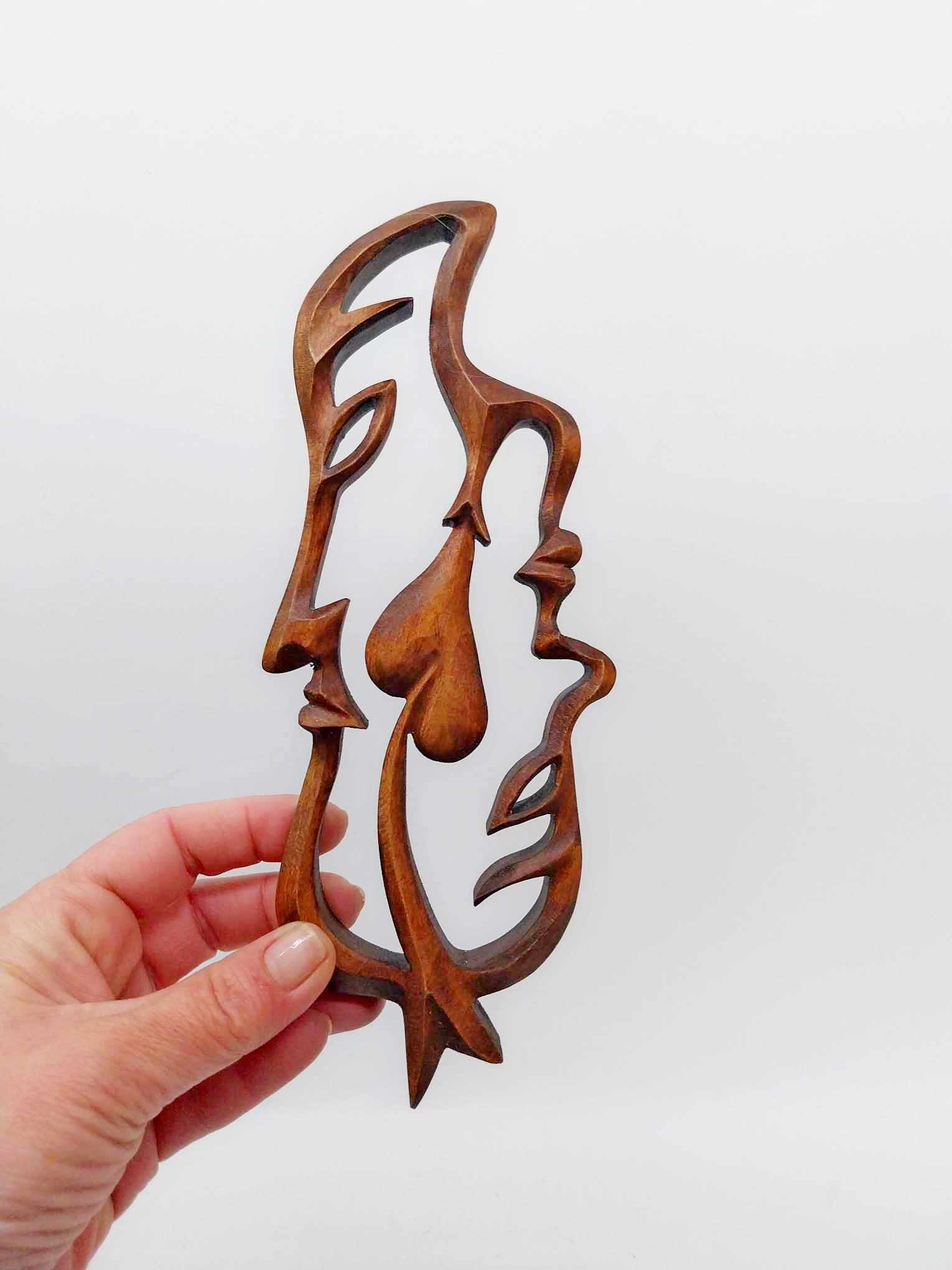 Vintage Hand-Carved Wooden Sculpture – Two Faces & Heart