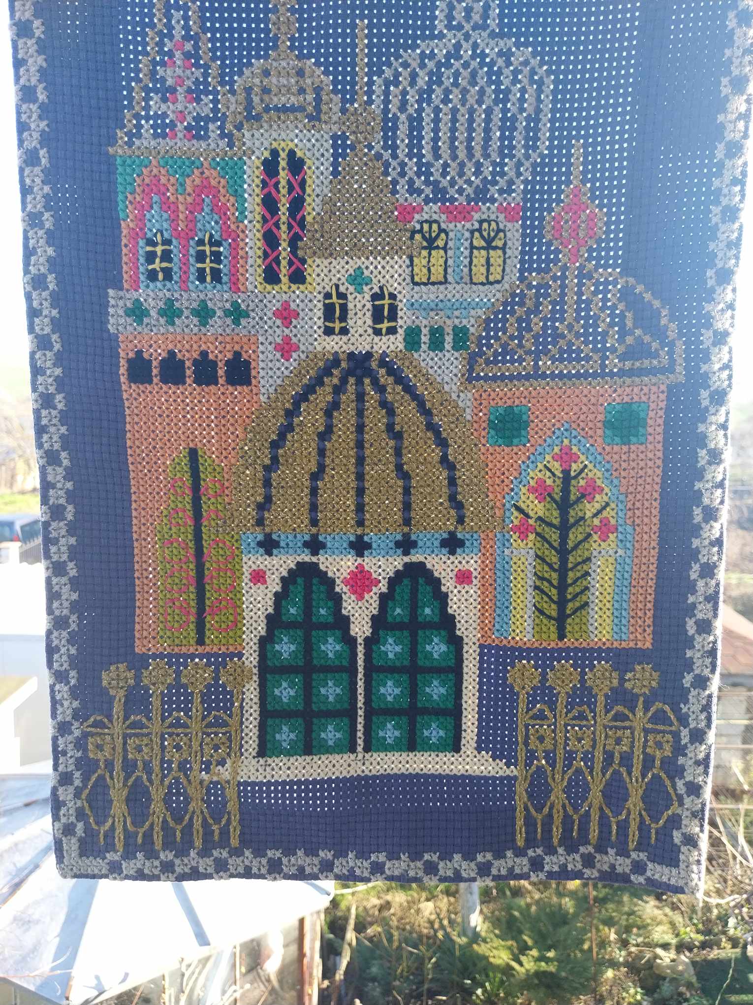 Hand embroidered church, Vintage Hand Embroidery, Unframed Tapestry