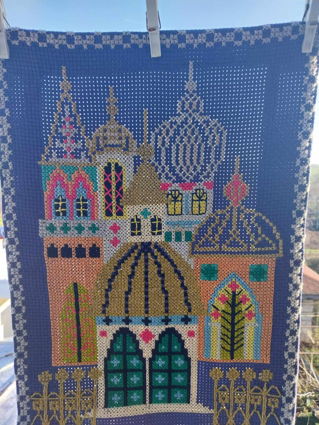 Hand embroidered church, Vintage Hand Embroidery, Unframed Tapestry