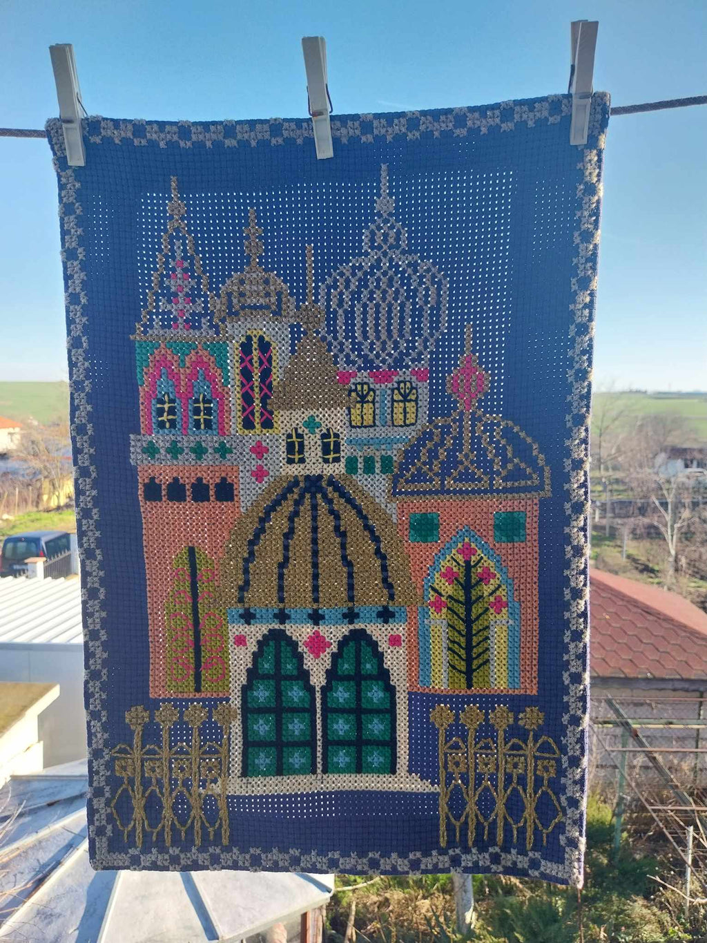 Hand embroidered church, Vintage Hand Embroidery, Unframed Tapestry