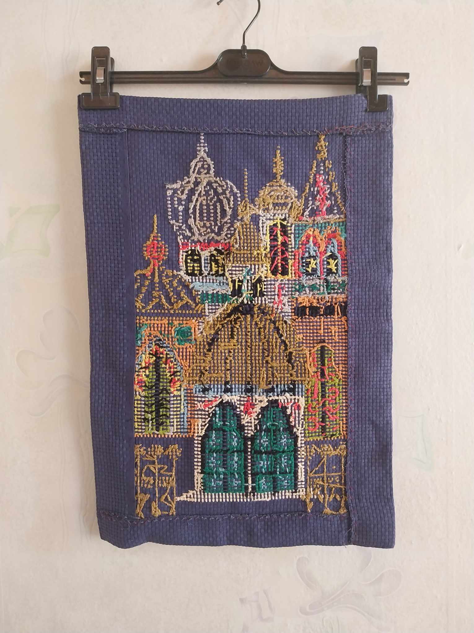 Hand embroidered church, Vintage Hand Embroidery, Unframed Tapestry