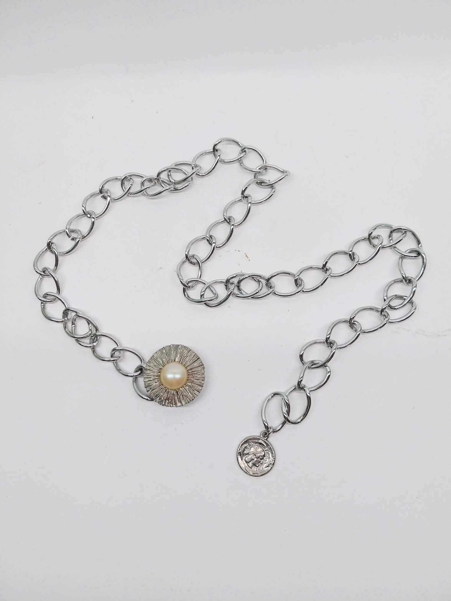 Vintage Silver Chain Belt – Metal Sun with Pearl Buckle & Coin Pendant