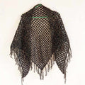 Vintage Black Lurex Triangle Shawl – Open Mesh Knit with Long Fringe