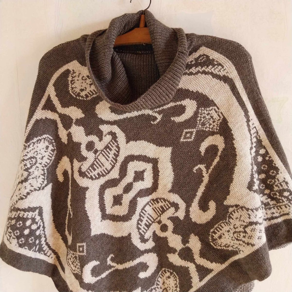 Italian Wool & Mohair Blend Poncho in Brown & Beige