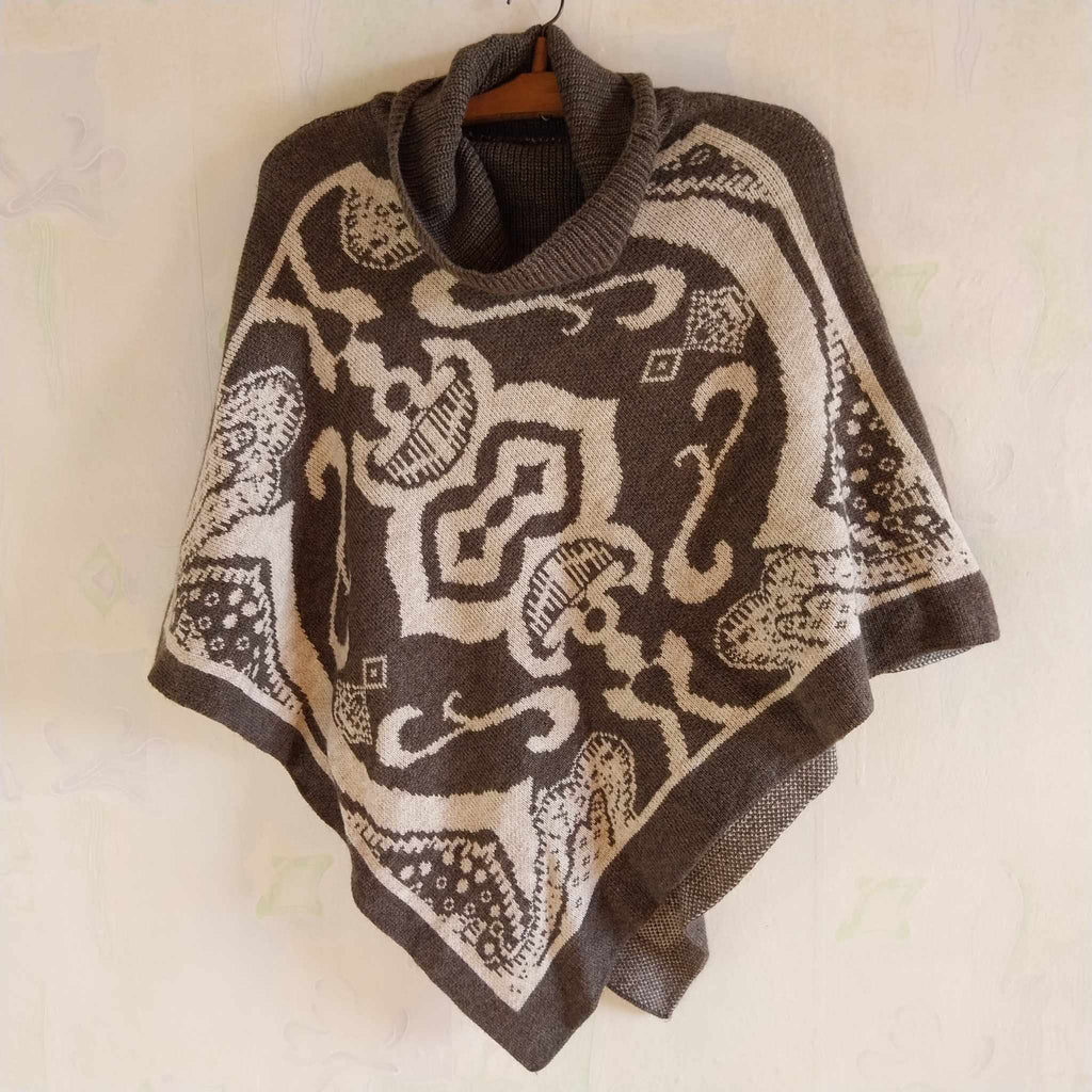 Italian Wool & Mohair Blend Poncho in Brown & Beige