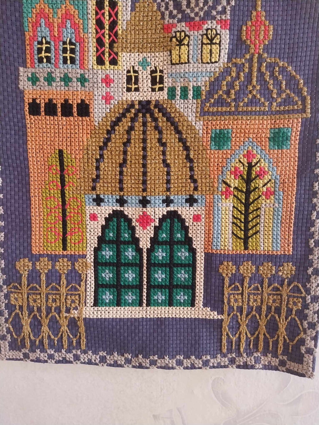 Hand embroidered church, Vintage Hand Embroidery, Unframed Tapestry