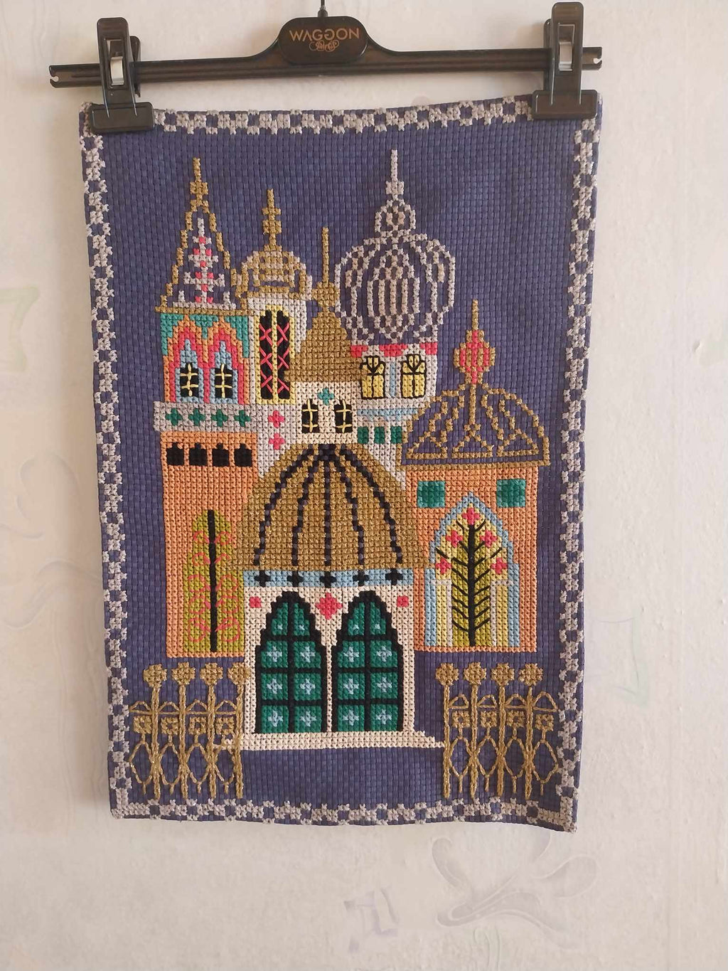Hand embroidered church, Vintage Hand Embroidery, Unframed Tapestry