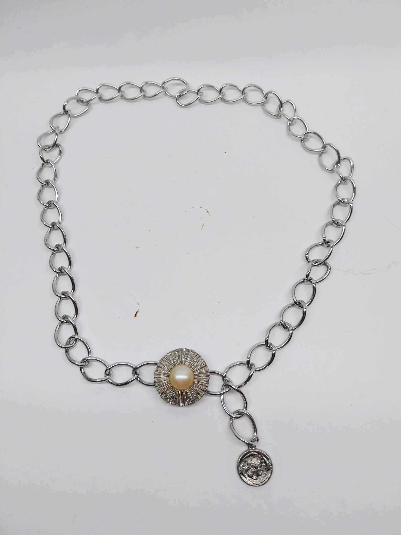Vintage Silver Chain Belt – Metal Sun with Pearl Buckle & Coin Pendant
