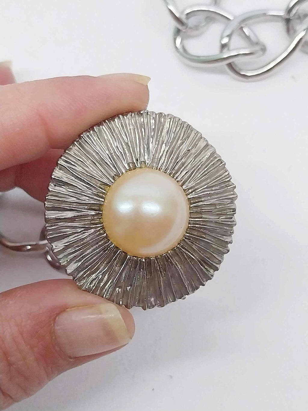 Vintage Silver Chain Belt – Metal Sun with Pearl Buckle & Coin Pendant