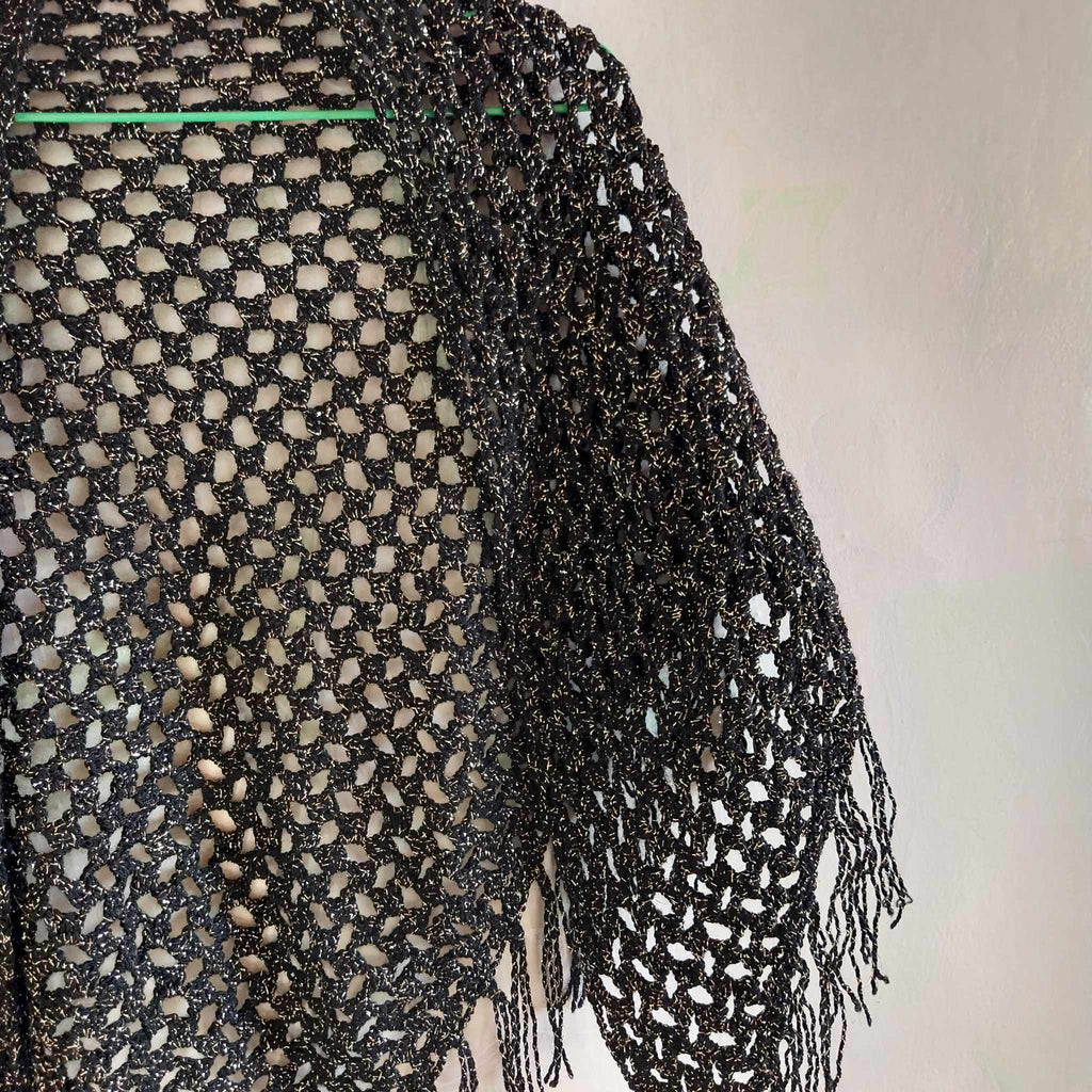 Vintage Black Lurex Triangle Shawl – Open Mesh Knit with Long Fringe