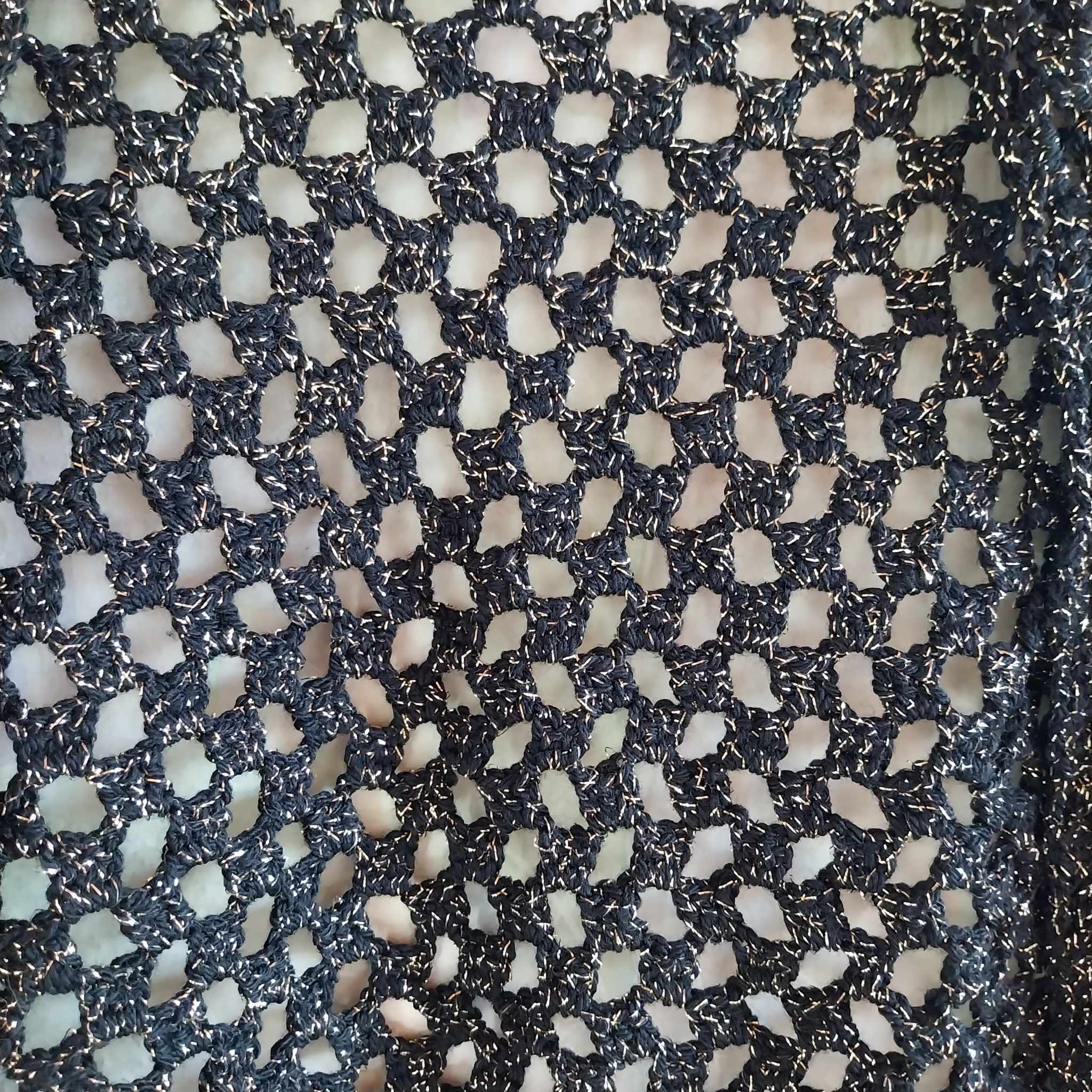 Vintage Black Lurex Triangle Shawl – Open Mesh Knit with Long Fringe