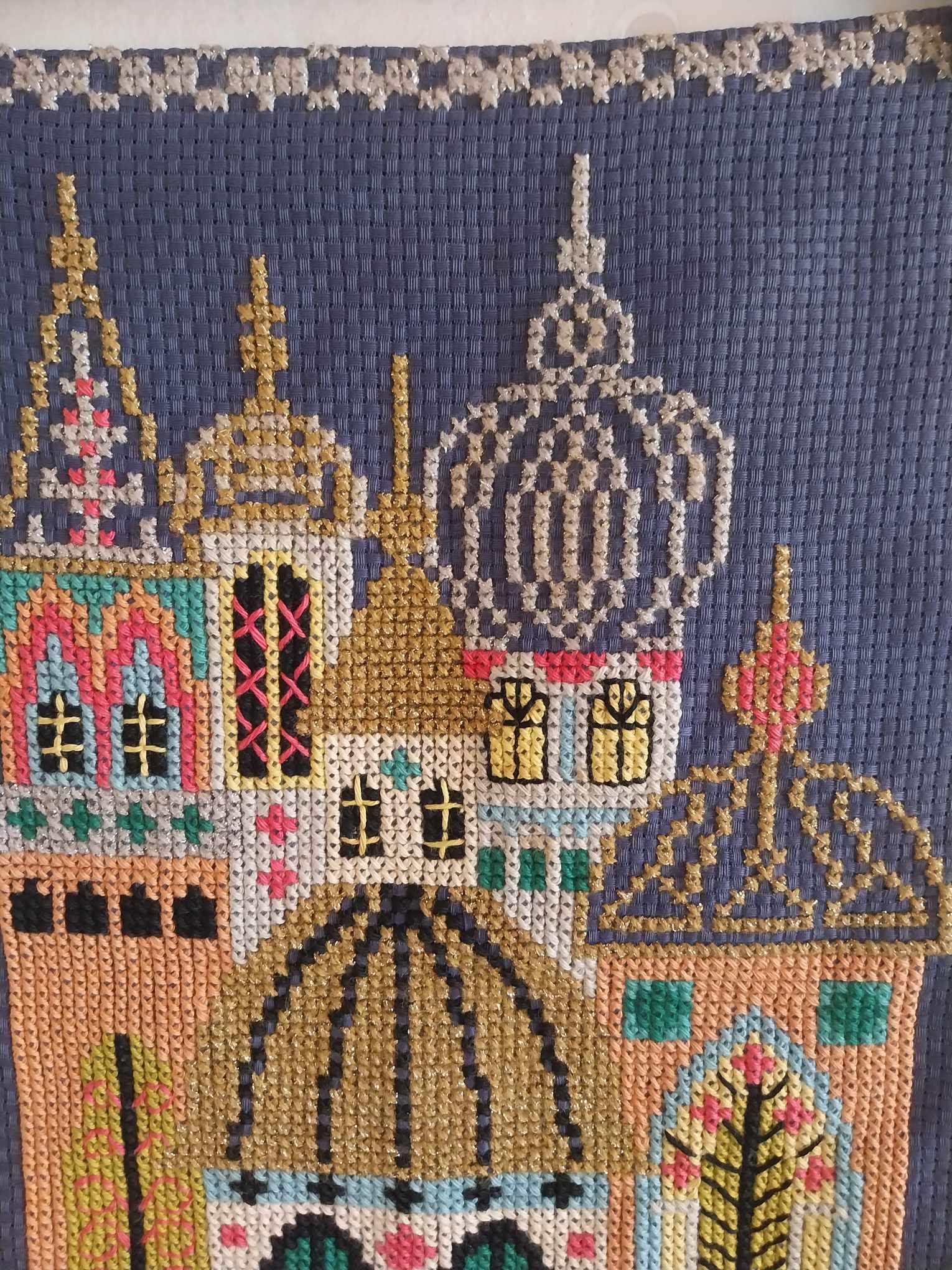 Hand embroidered church, Vintage Hand Embroidery, Unframed Tapestry