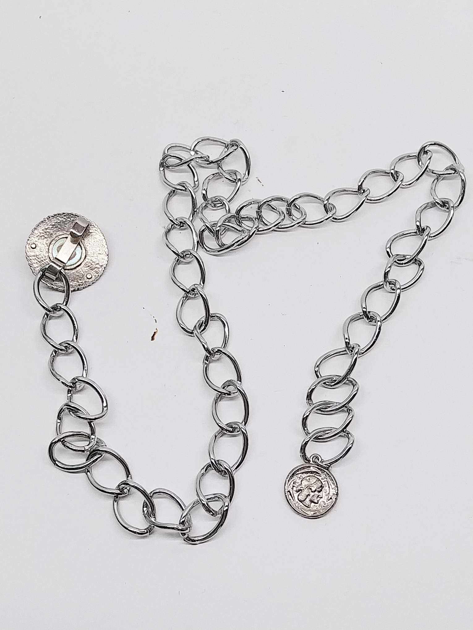 Vintage Silver Chain Belt – Metal Sun with Pearl Buckle & Coin Pendant