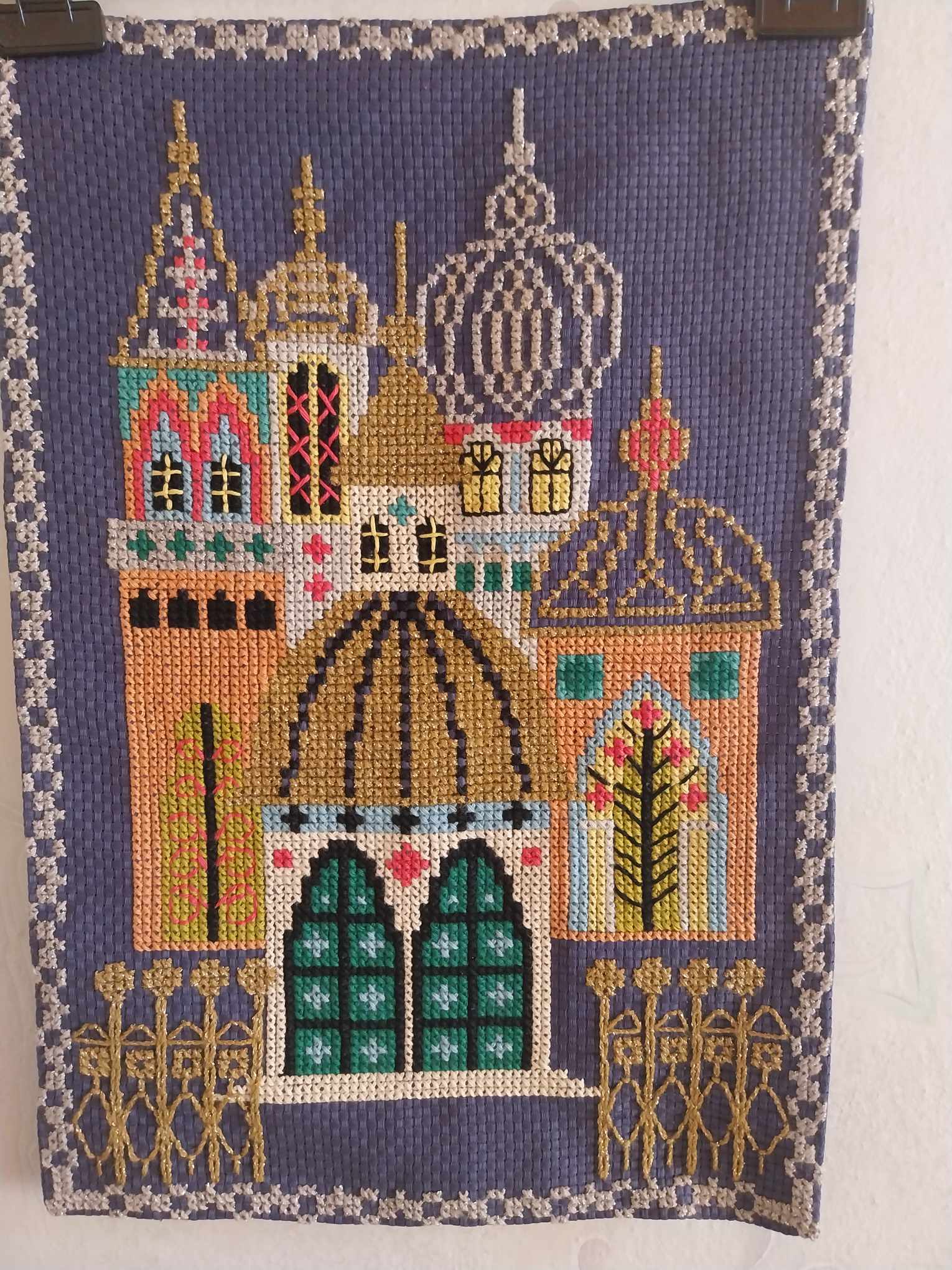 Hand embroidered church, Vintage Hand Embroidery, Unframed Tapestry