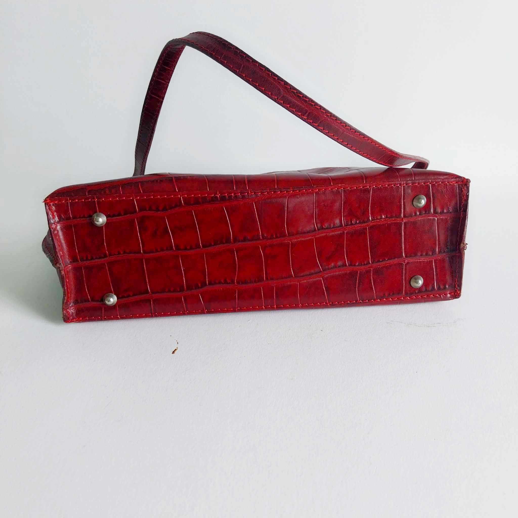 Vintage Red Embossed Leather Shoulder Bag, Small Italian Handbag