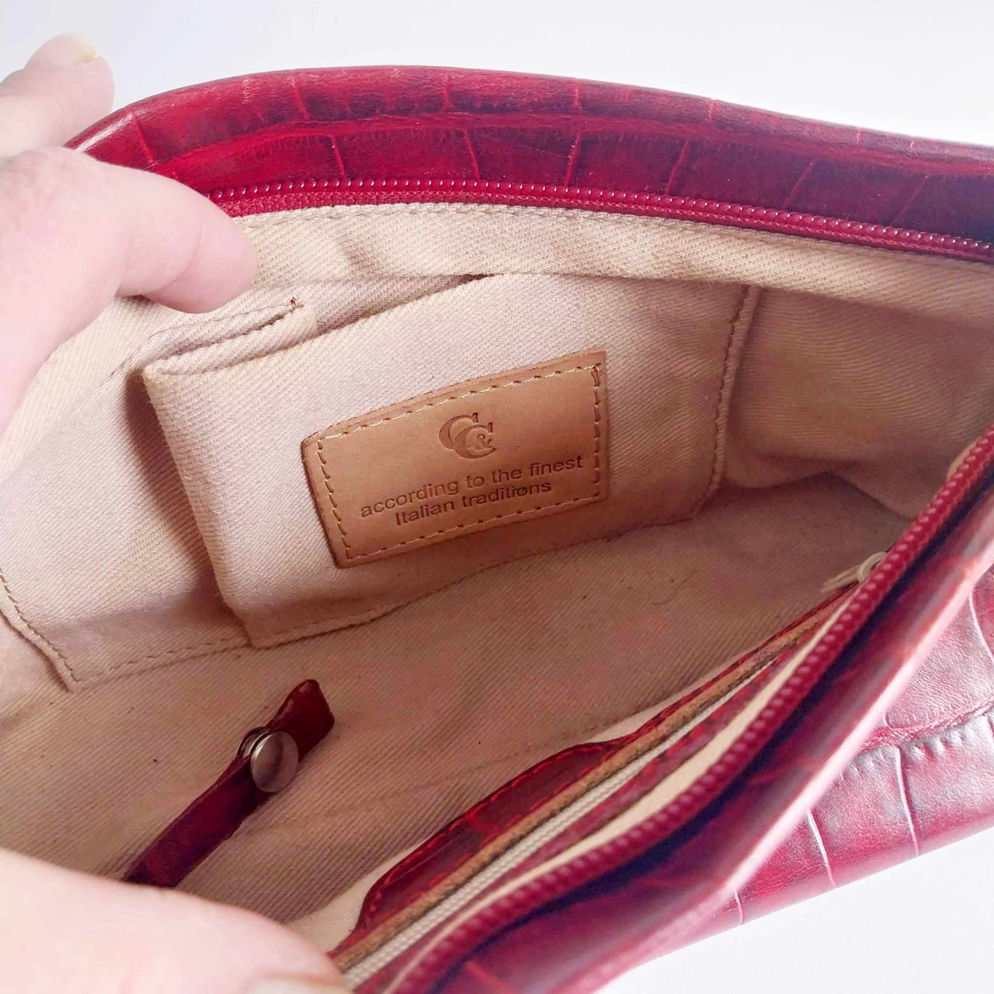 Vintage Red Embossed Leather Shoulder Bag, Small Italian Handbag