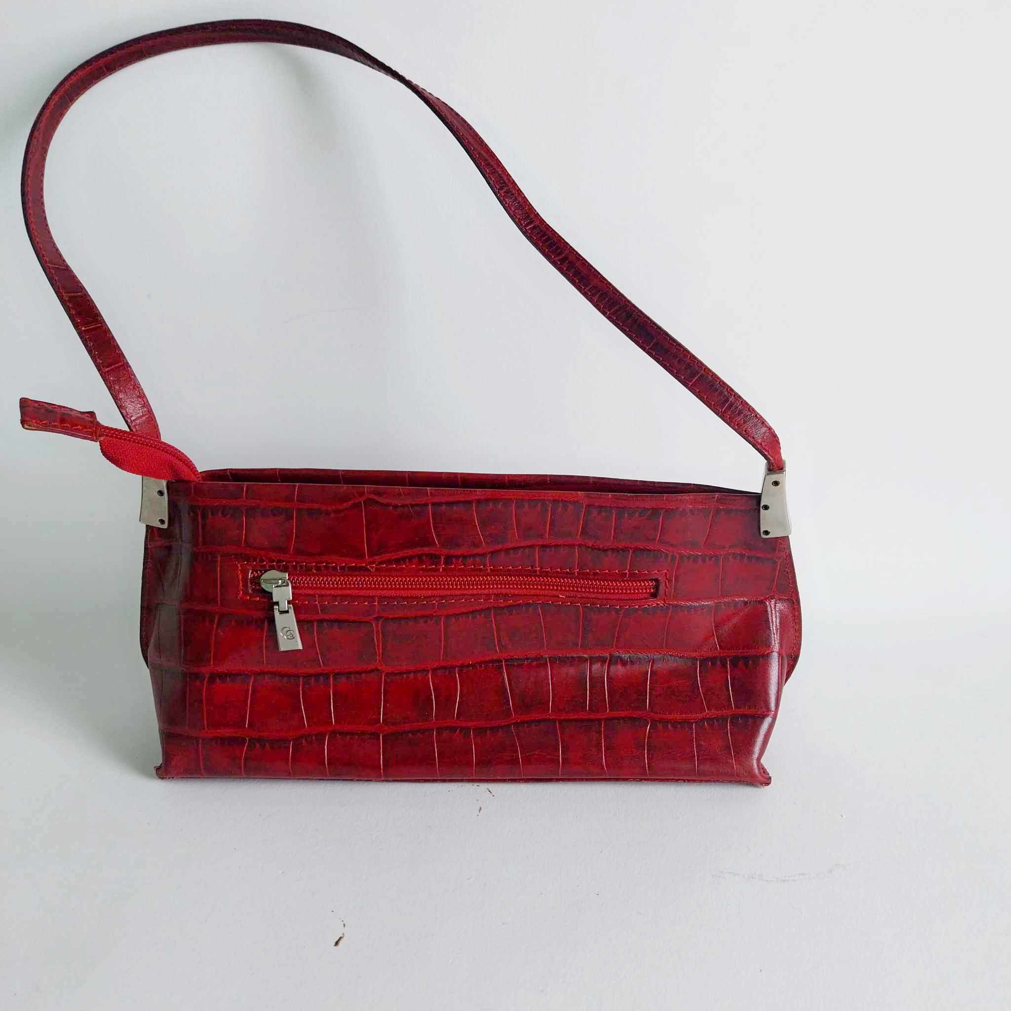 Vintage Red Embossed Leather Shoulder Bag, Small Italian Handbag