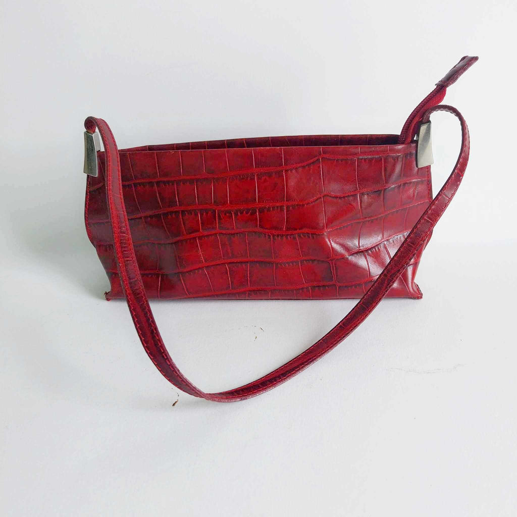 Vintage Red Embossed Leather Shoulder Bag, Small Italian Handbag