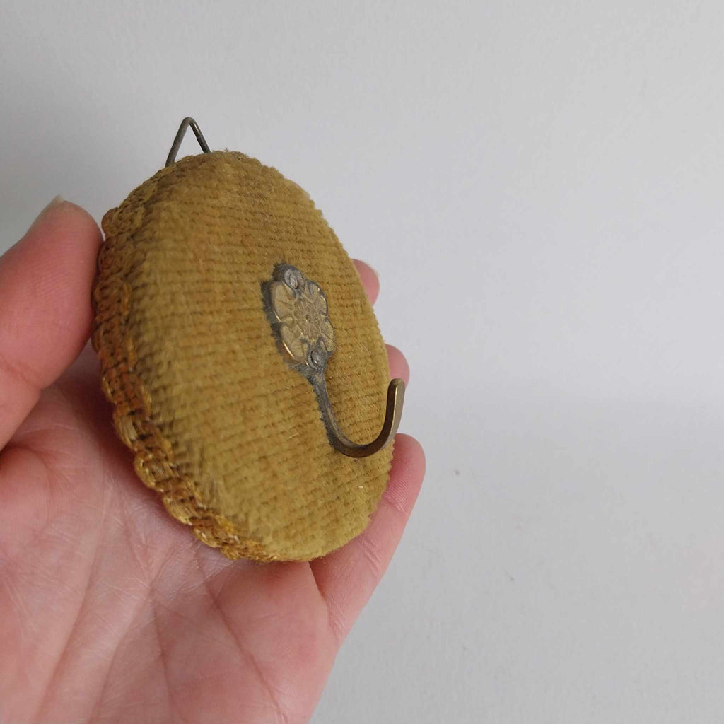 Vintage French Wall Hook — Round Chenille Pad with Brass Flower Medallion