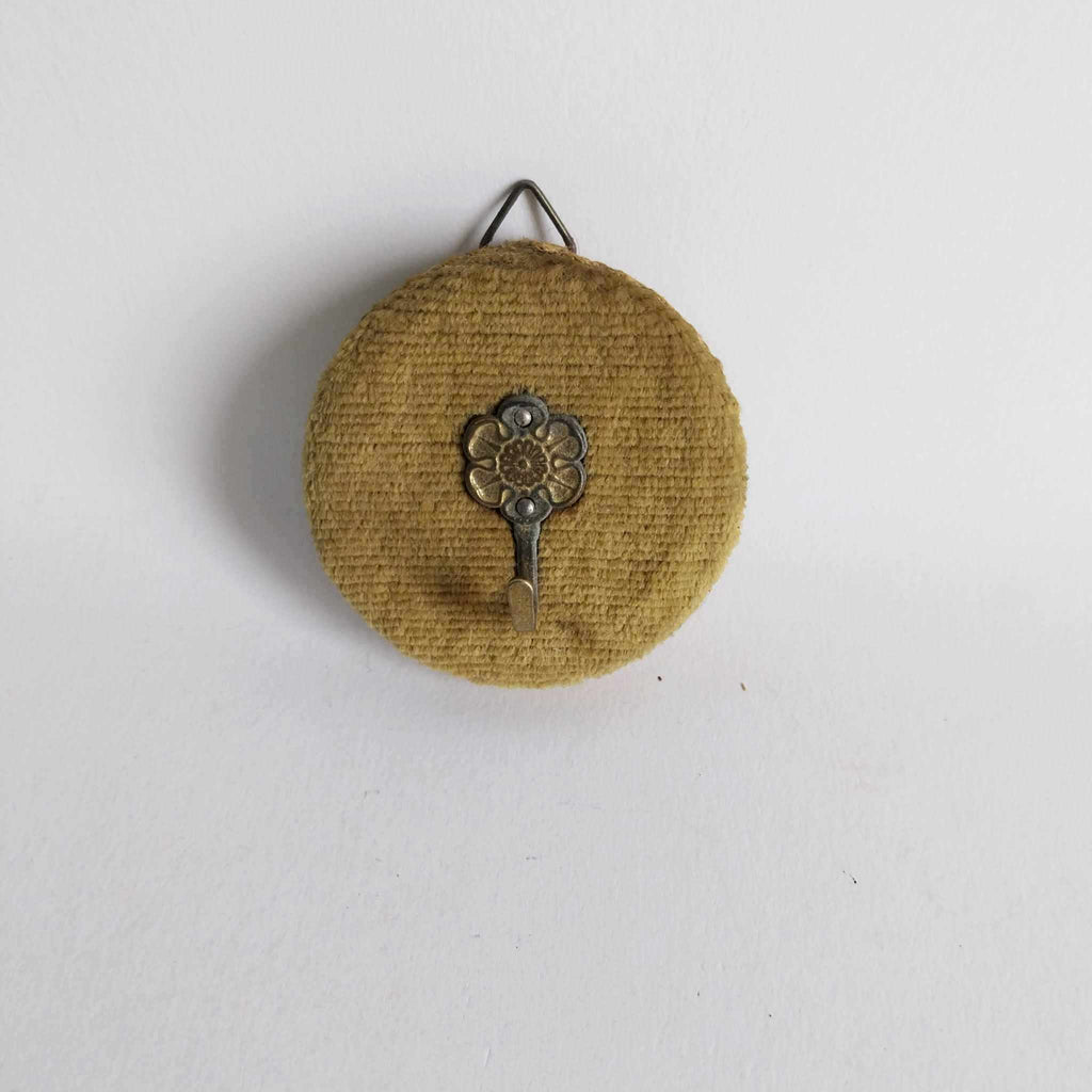 Vintage French Wall Hook — Round Chenille Pad with Brass Flower Medallion