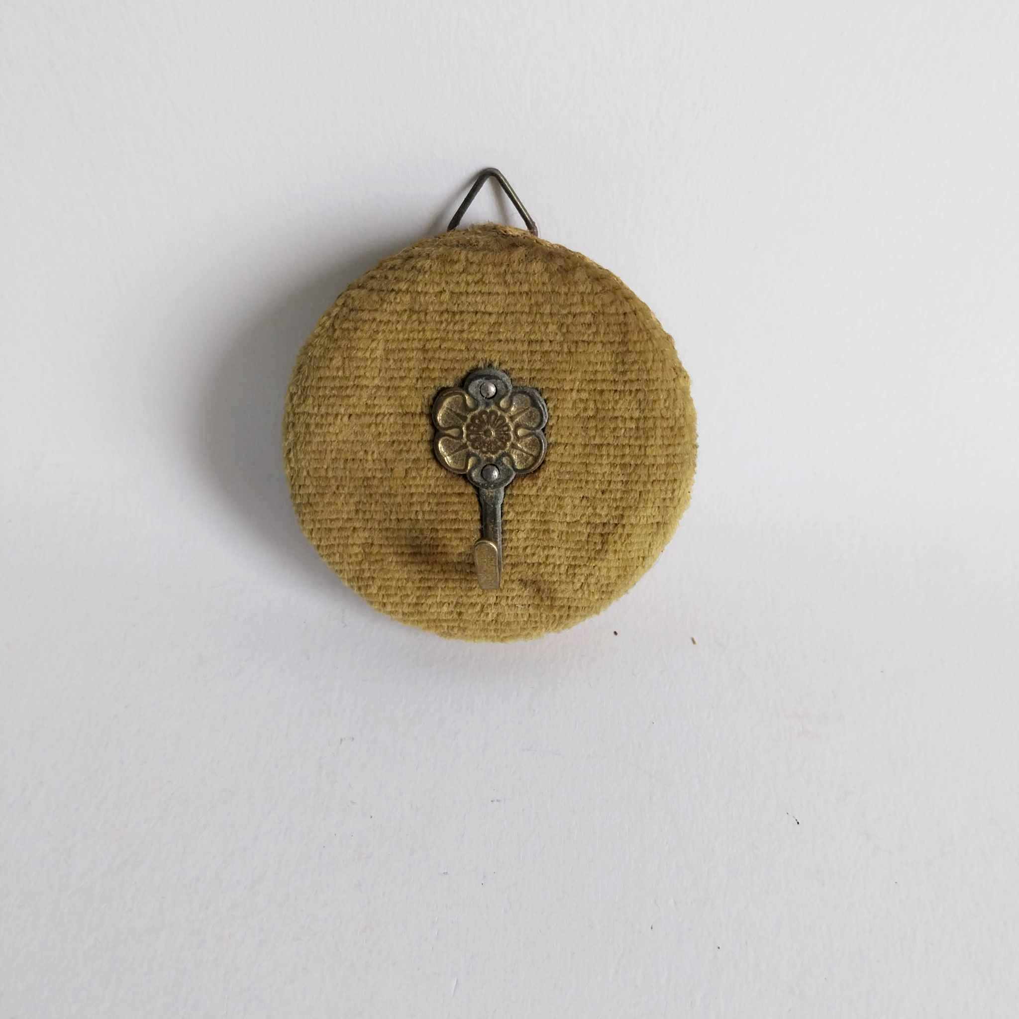 Vintage French Wall Hook — Round Chenille Pad with Brass Flower Medallion